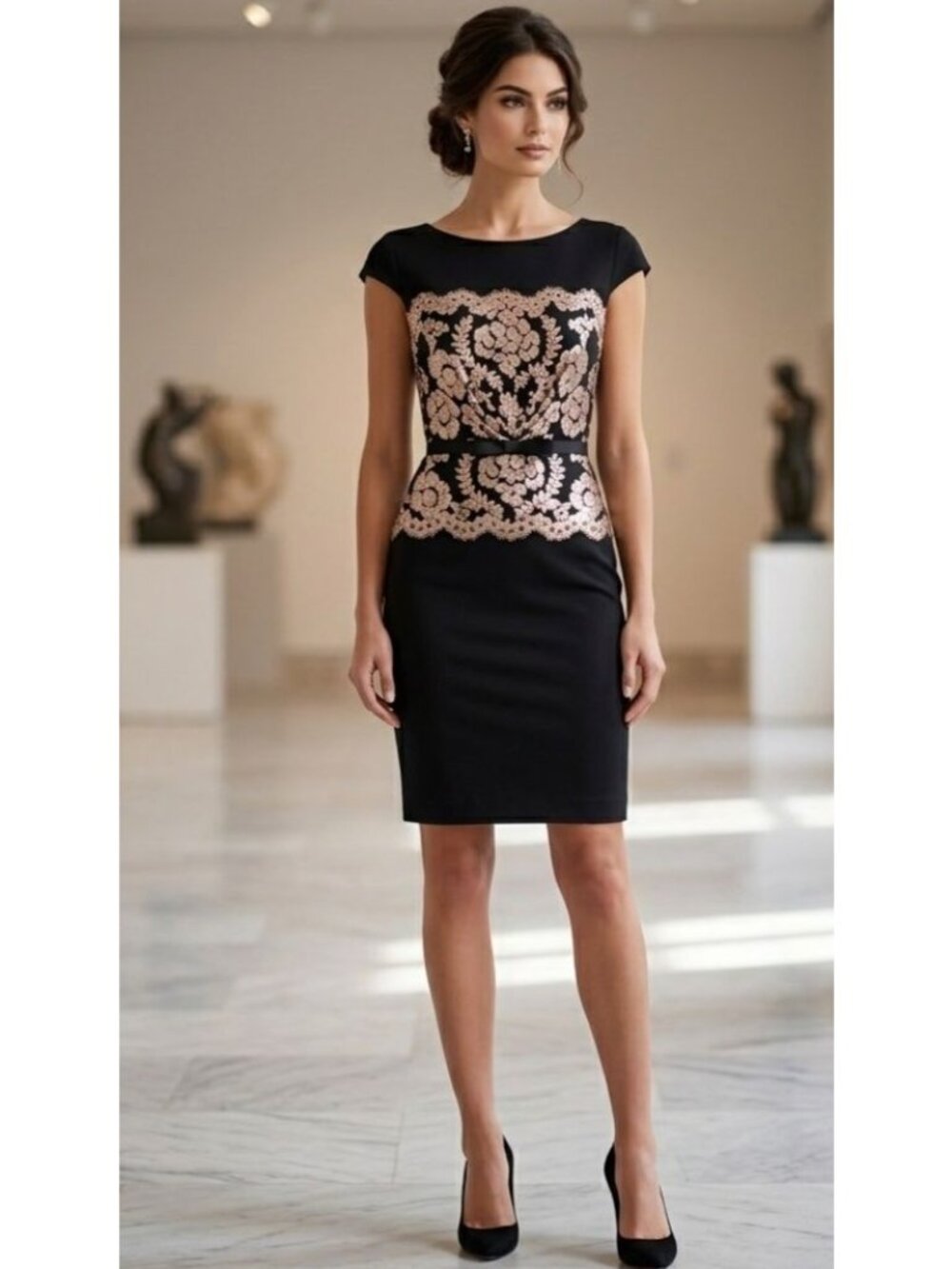 Women's - Tadashi Shoji Black & Gold Sequin Floral Cocktail Dress, Size 8